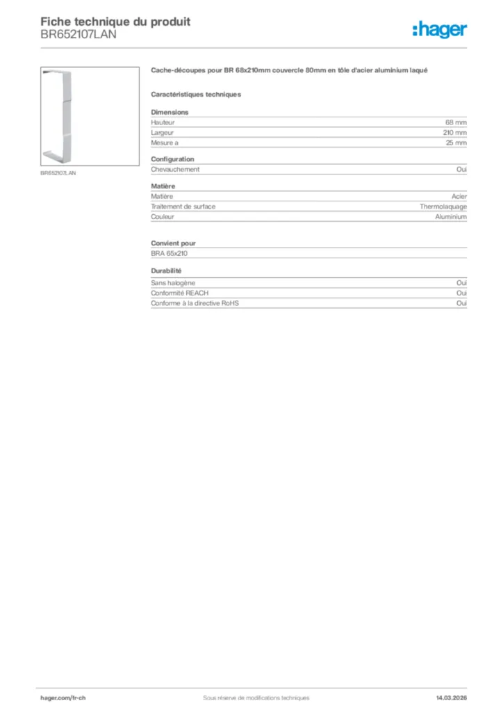 Image Hager Fiche technique du produit BR652107LAN | Hager Suisse