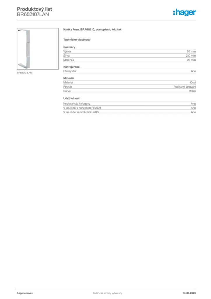 Obrázek Hager Product data sheet BR652107LAN | Hager