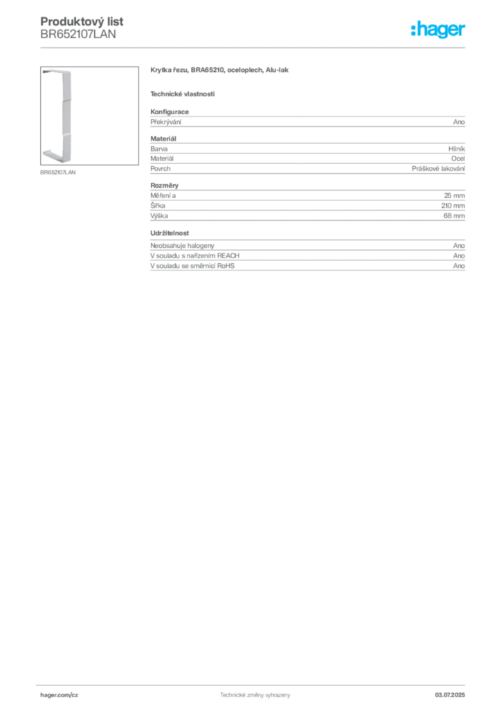 Obrázek Hager Produktový list BR652107LAN | Hager
