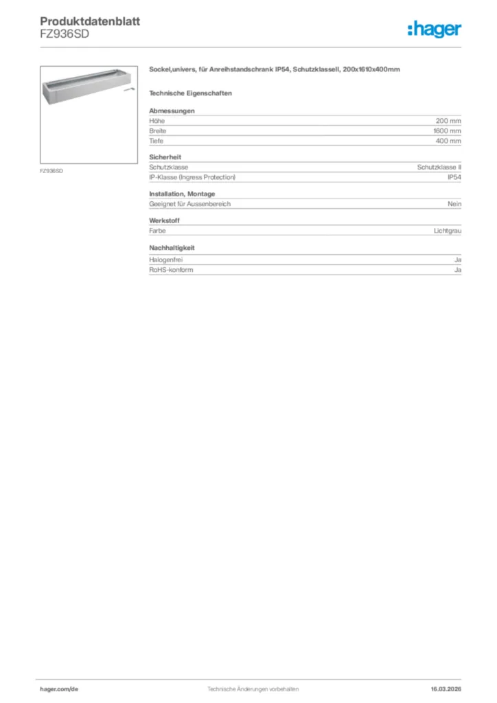 Bild Hager Produktdatenblatt FZ936SD | Hager Deutschland
