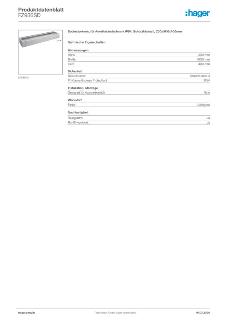 Bild Hager Produktdatenblatt FZ936SD | Hager Deutschland