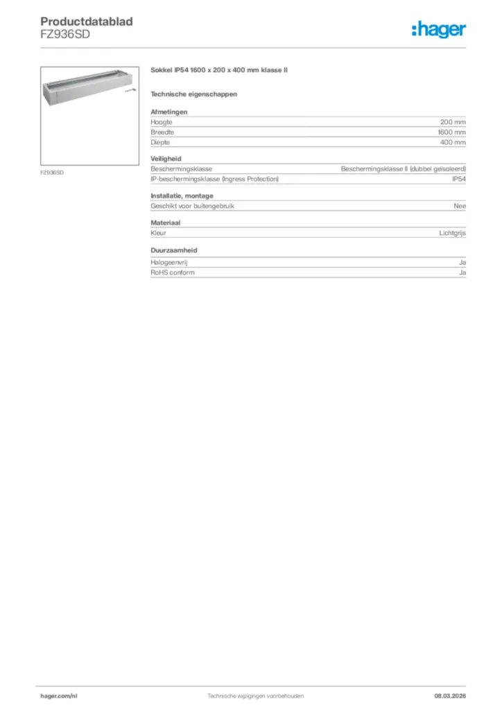 Afbeelding Hager Productdatablad FZ936SD | Hager Nederland