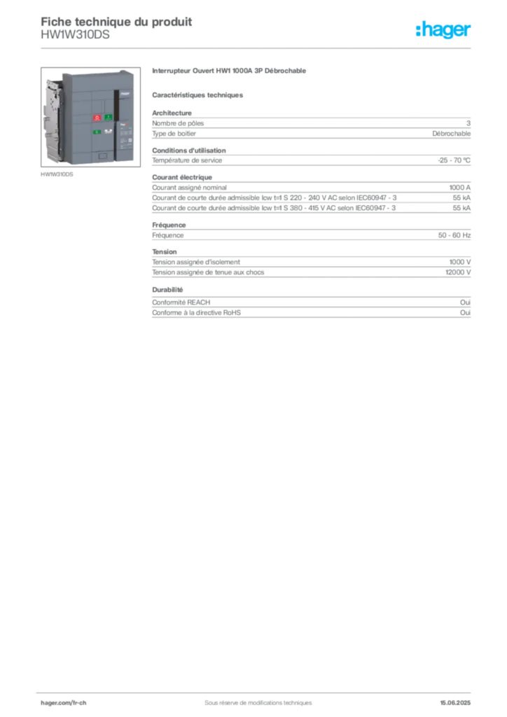Image Hager Fiche technique du produit HW1W310DS | Hager Suisse