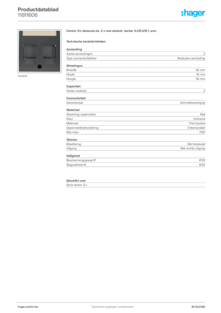 Afbeelding Hager Productdatablad 11811606 | Hager Belgium