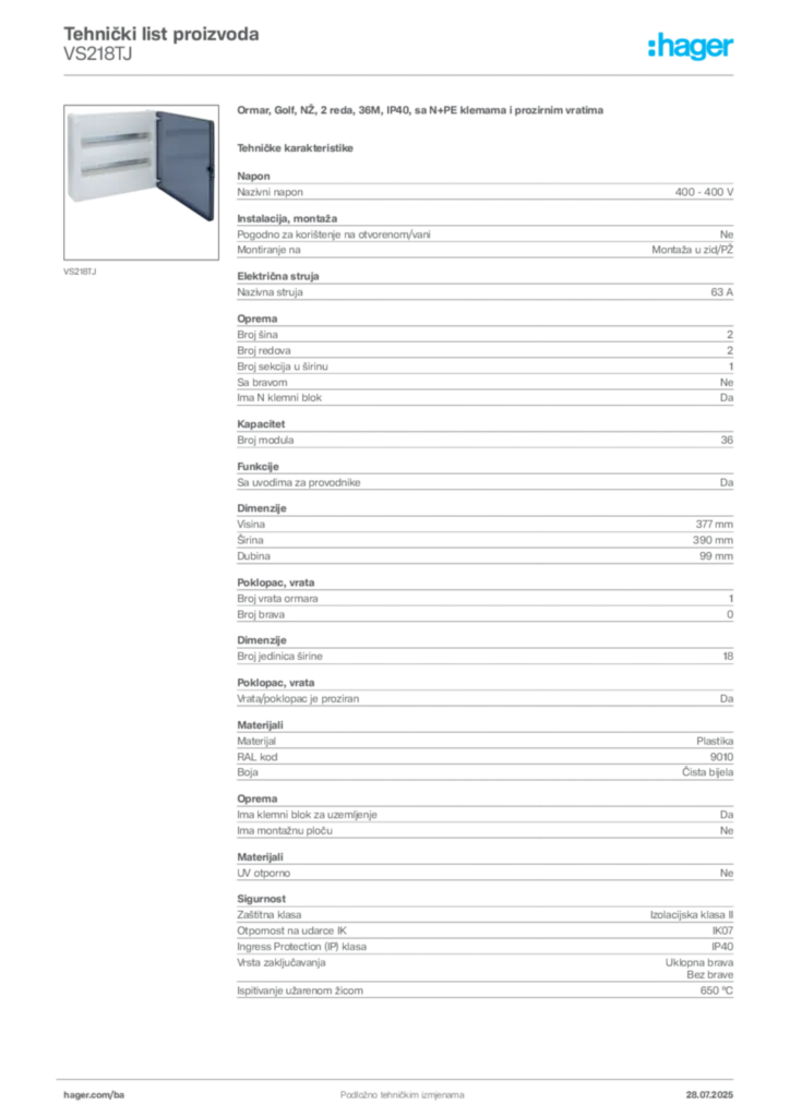 Slika Hager Product data sheet VS218TJ  | Hager