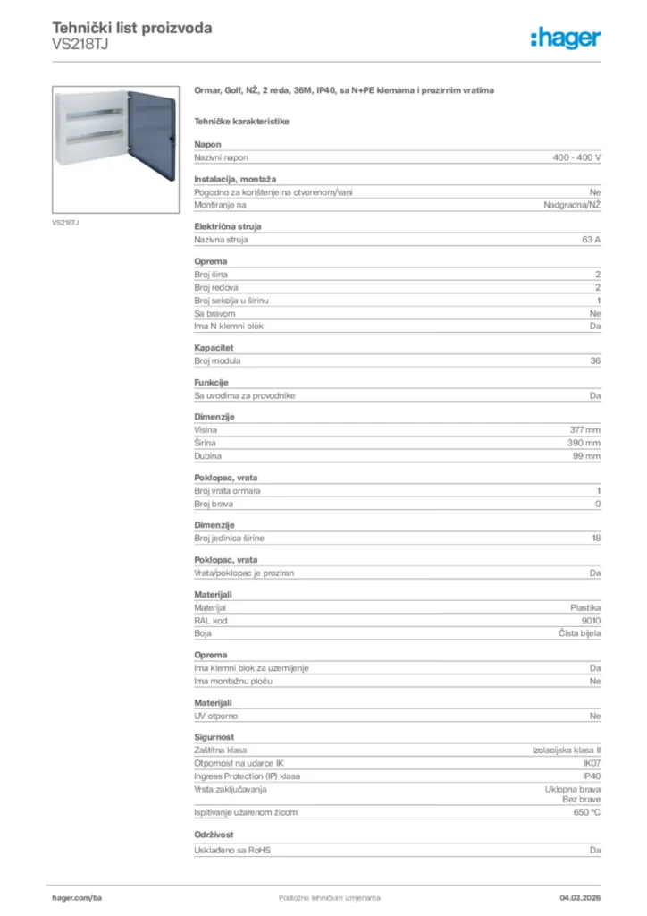 Slika Hager Tehnički list proizvoda VS218TJ  | Hager