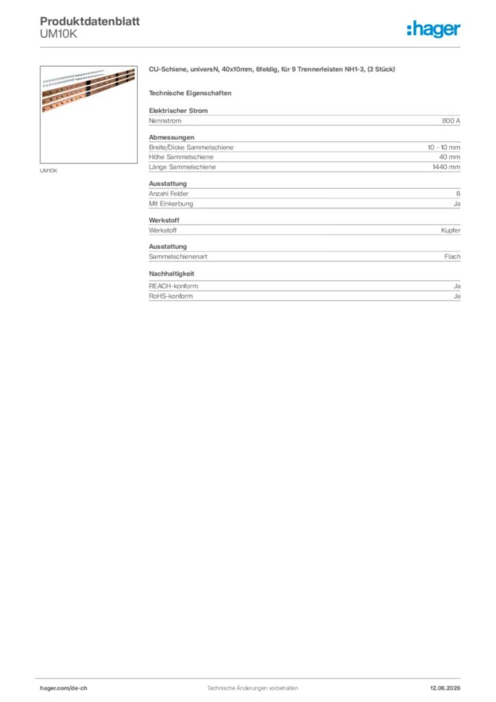 Bild Hager Produktdatenblatt UM10K | Hager Schweiz