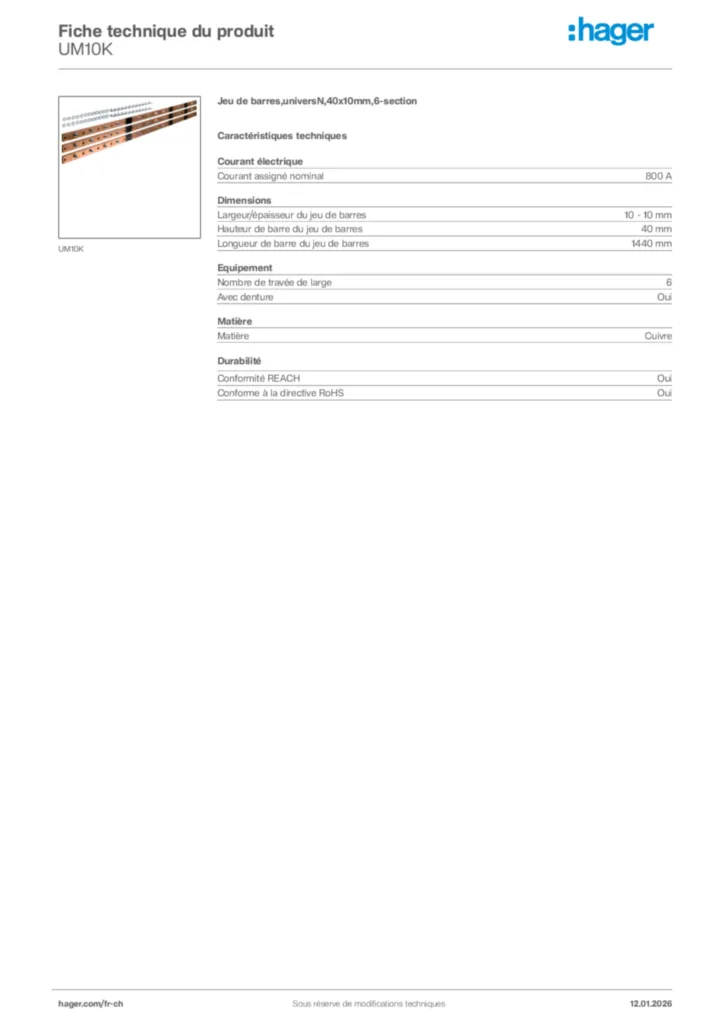 Image Hager Fiche technique du produit UM10K | Hager Suisse