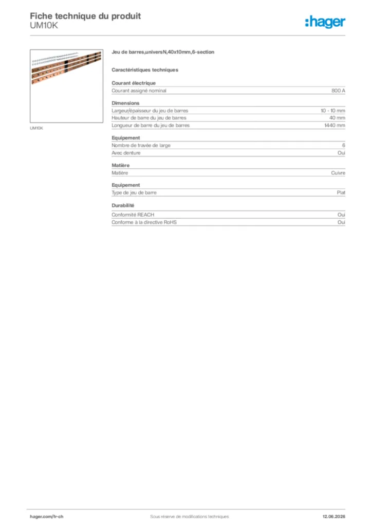 Image Hager Fiche technique du produit UM10K | Hager Suisse