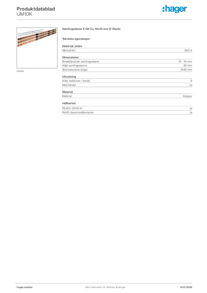 Bild Hager Produktdatablad UM10K | Hager Sverige