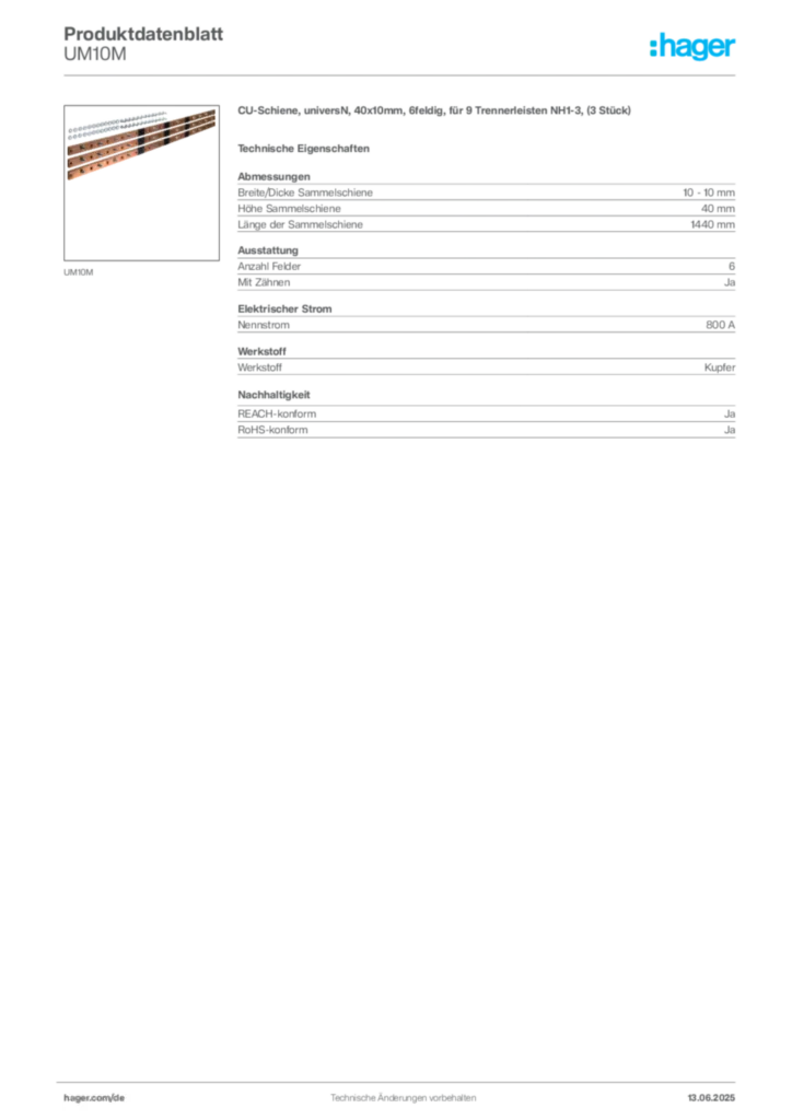 Hager Produktdatenblatt UM10M