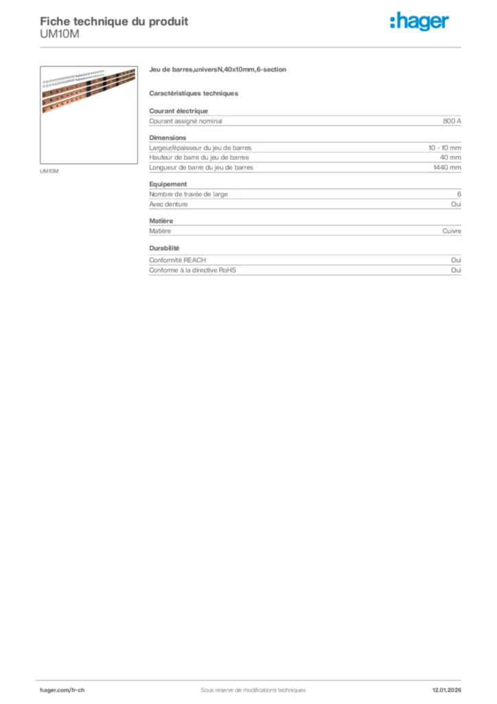 Image Hager Fiche technique du produit UM10M | Hager Suisse
