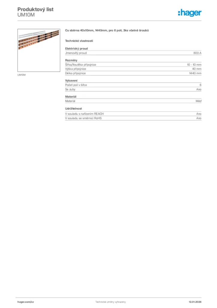Obrázek Hager Product data sheet UM10M | Hager