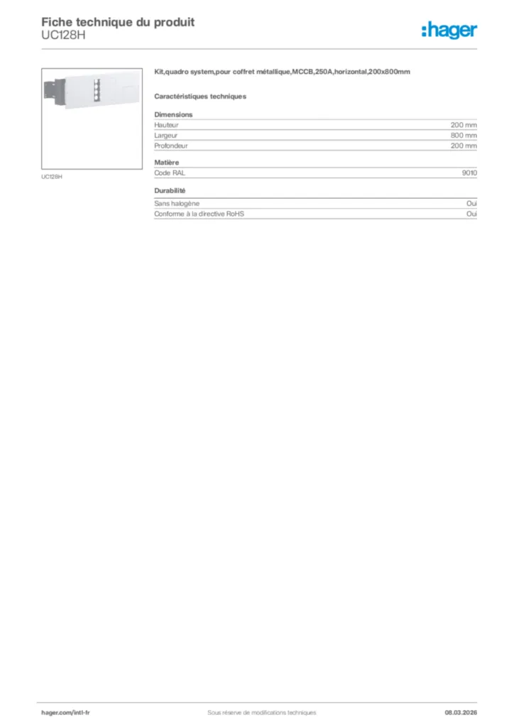 Image Hager Fiche technique du produit UC128H | Hager Afrique