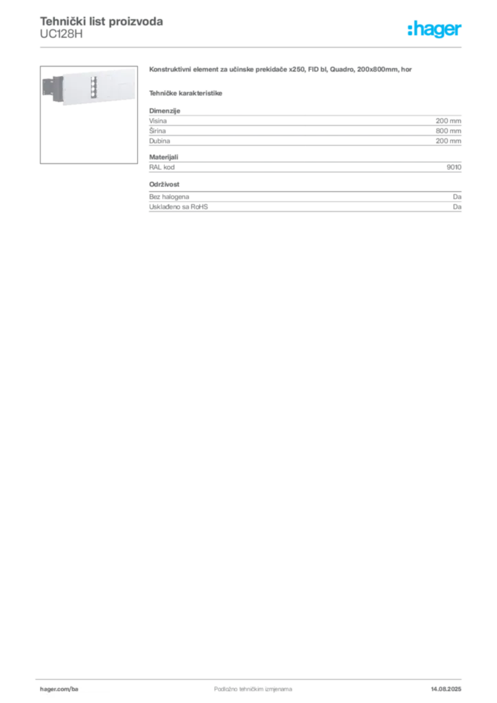 Slika Hager Product data sheet UC128H  | Hager