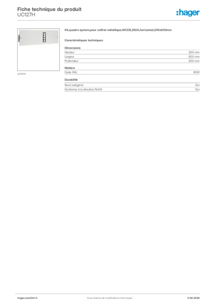 Image Hager Fiche technique du produit UC127H | Hager Afrique