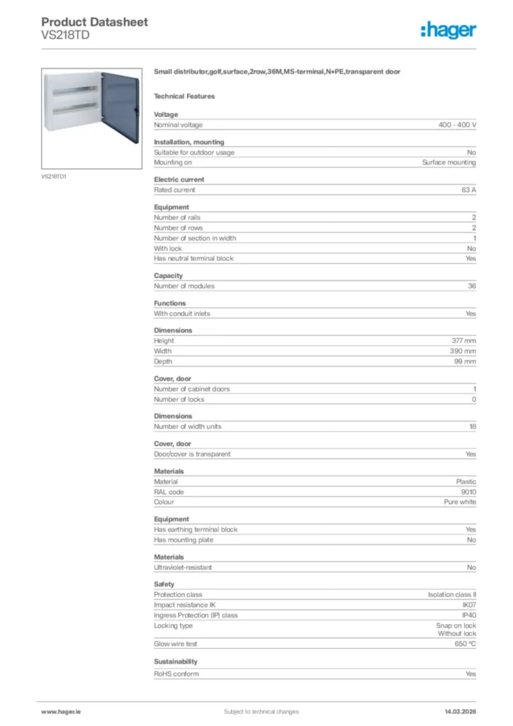 Image Hager Product data sheet VS218TD  | Hager