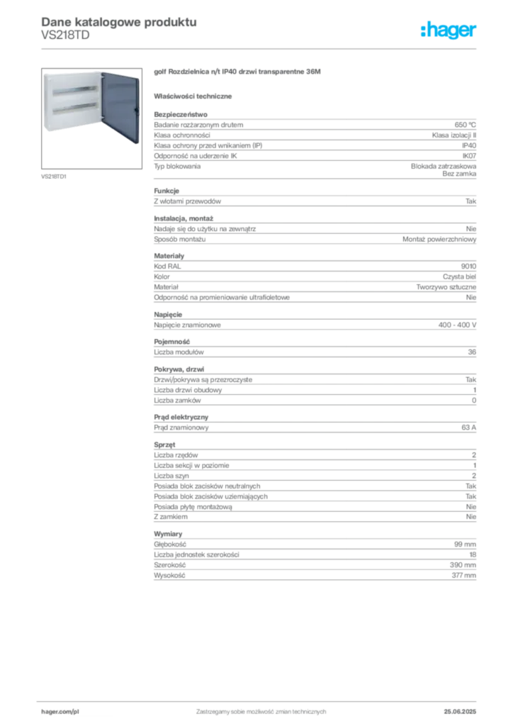 Zdjęcie Hager Karta katalogowa VS218TD | Hager Polska