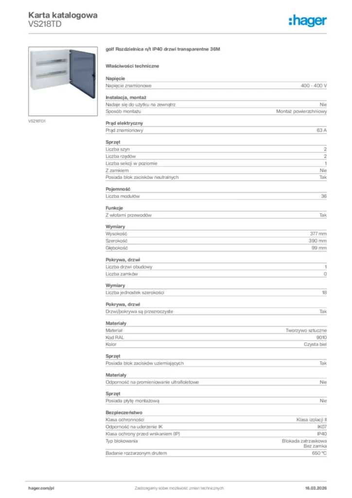Zdjęcie Hager Karta katalogowa VS218TD | Hager Polska