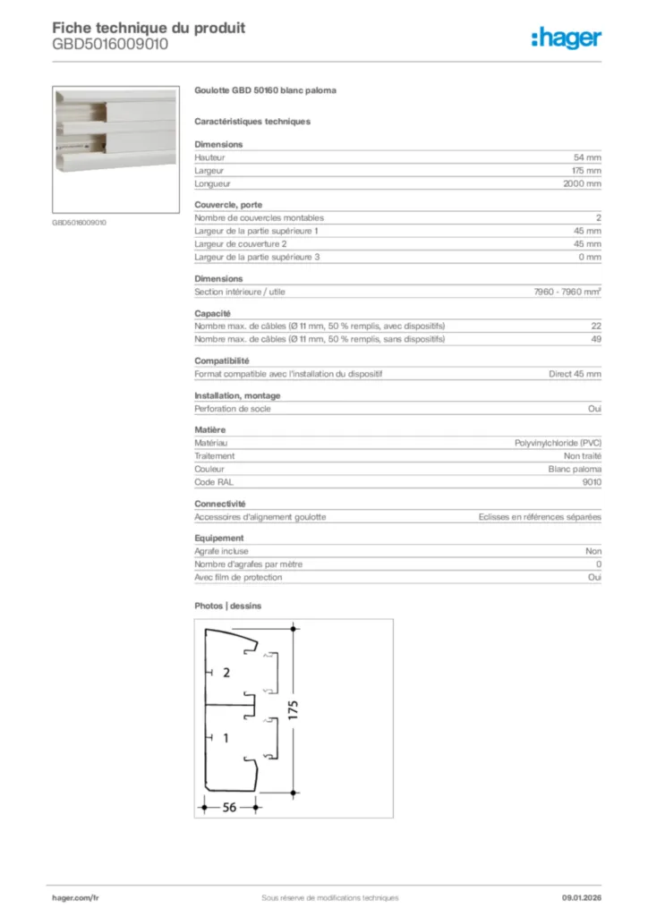 Image Hager Fiche technique du produit GBD5016009010 | Hager France