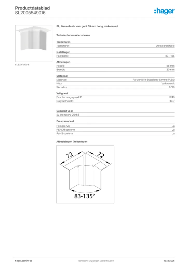 Afbeelding Hager Productdatablad SL2005549016 | Hager Belgium