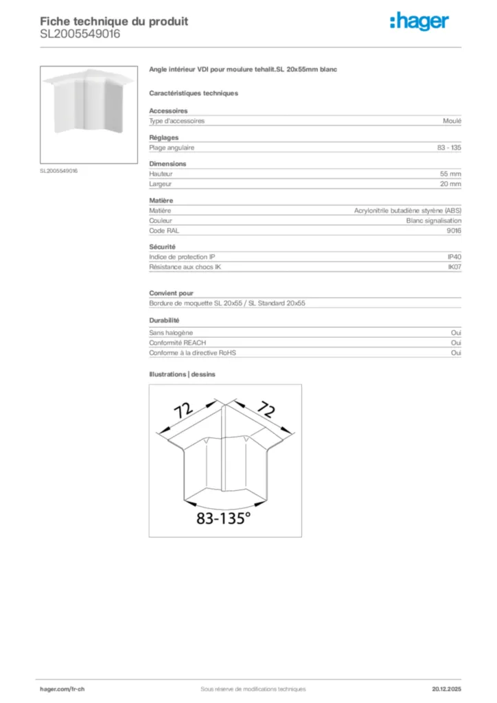 Image Hager Fiche technique du produit SL2005549016 | Hager Suisse