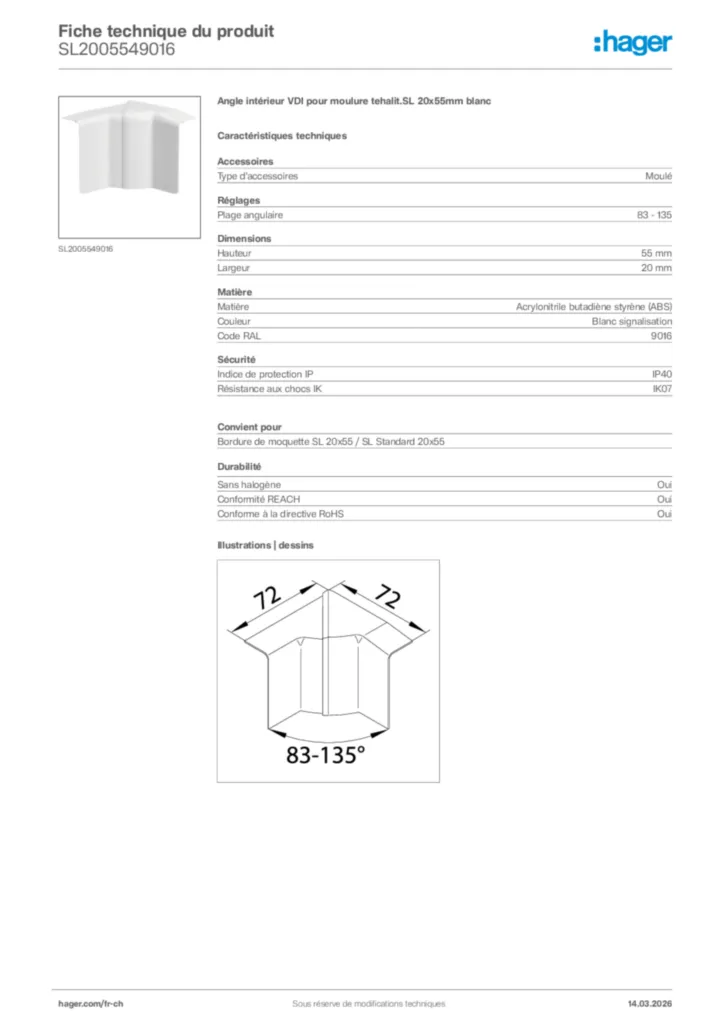 Image Hager Fiche technique du produit SL2005549016 | Hager Suisse
