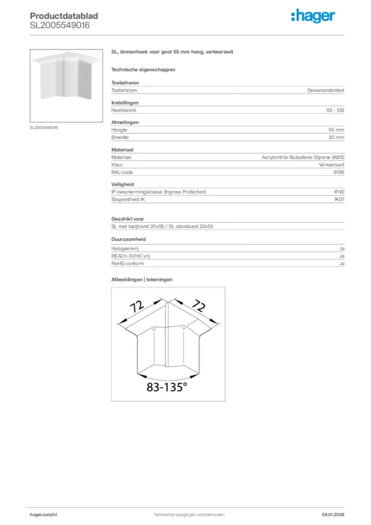 Afbeelding Hager Productdatablad SL2005549016 | Hager Nederland