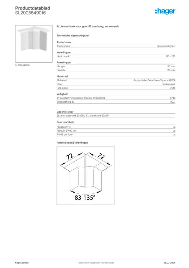 Afbeelding Hager Productdatablad SL2005549016 | Hager Nederland