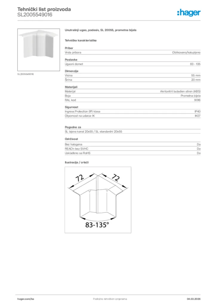 Slika Hager Tehnički list proizvoda SL2005549016  | Hager