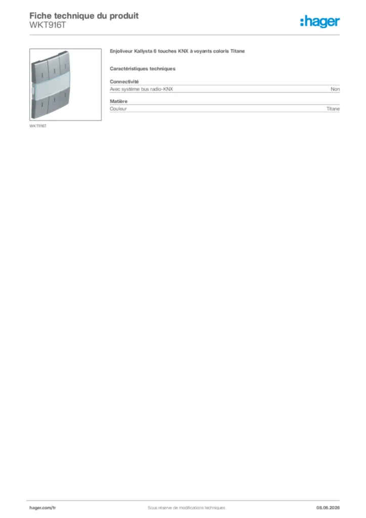 Image Hager Fiche technique du produit WKT916T | Hager France