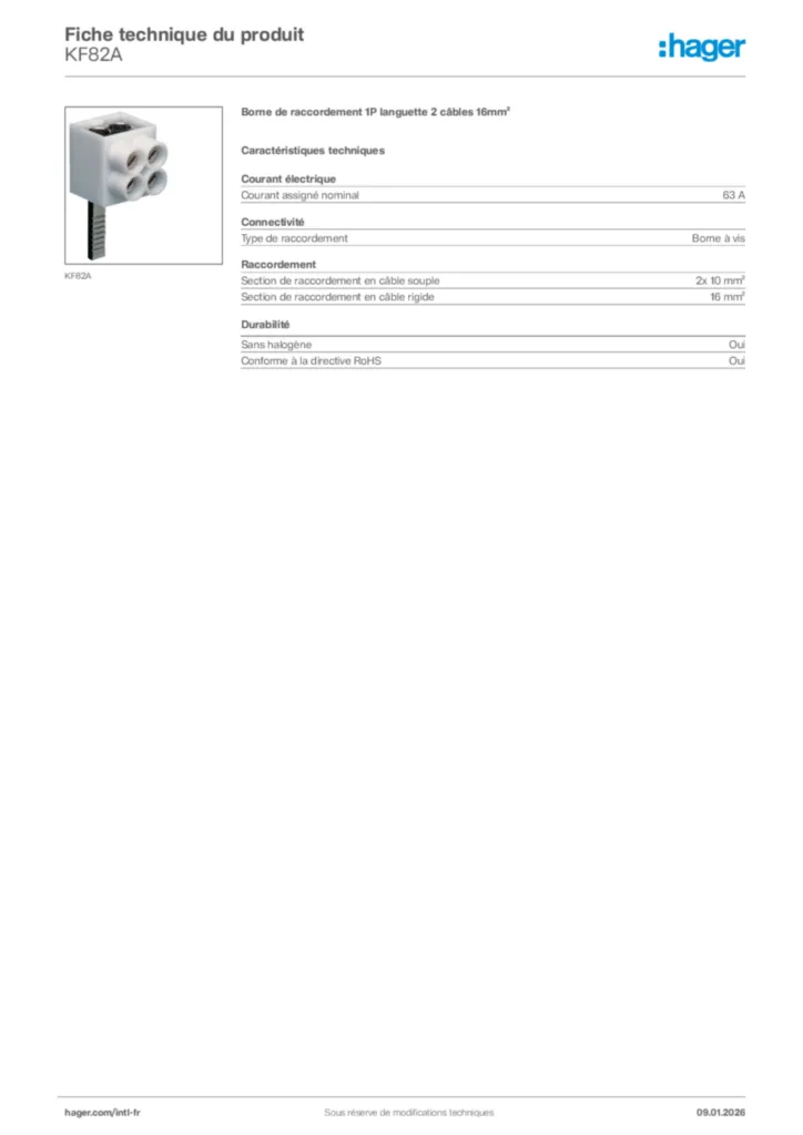 Image Hager Fiche technique du produit KF82A | Hager Afrique