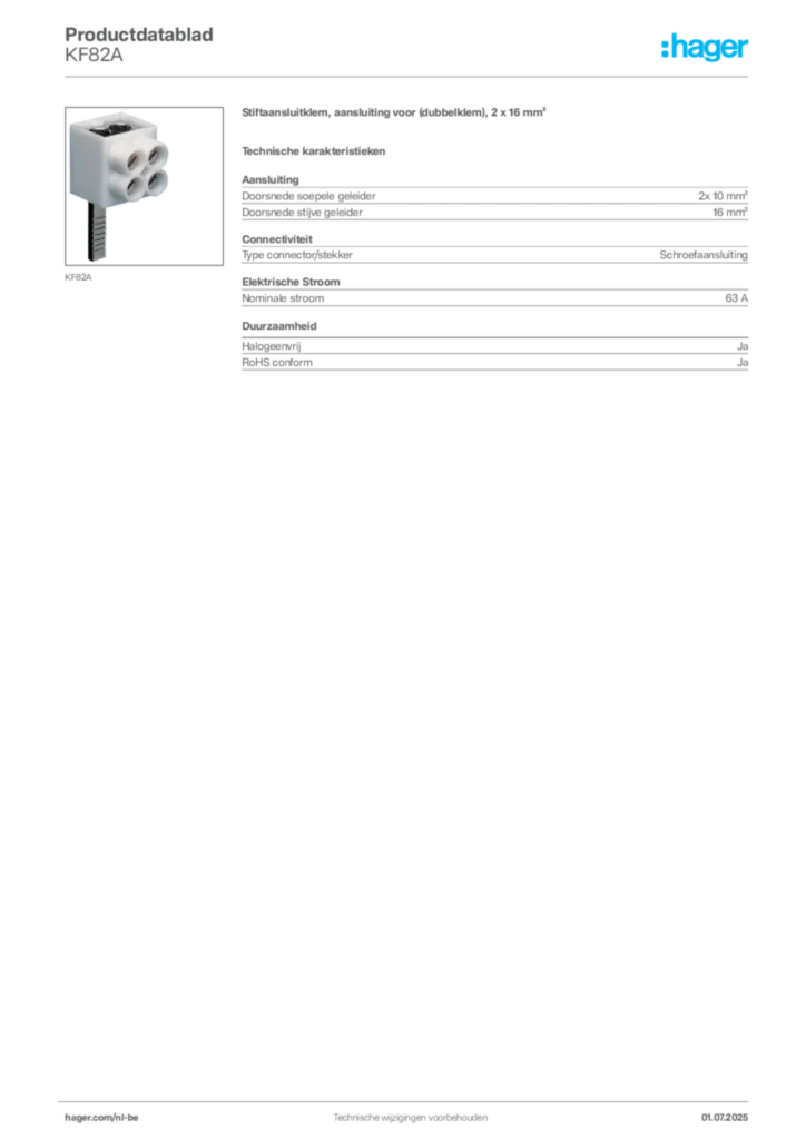 Afbeelding Hager Productdatablad KF82A | Hager Belgium