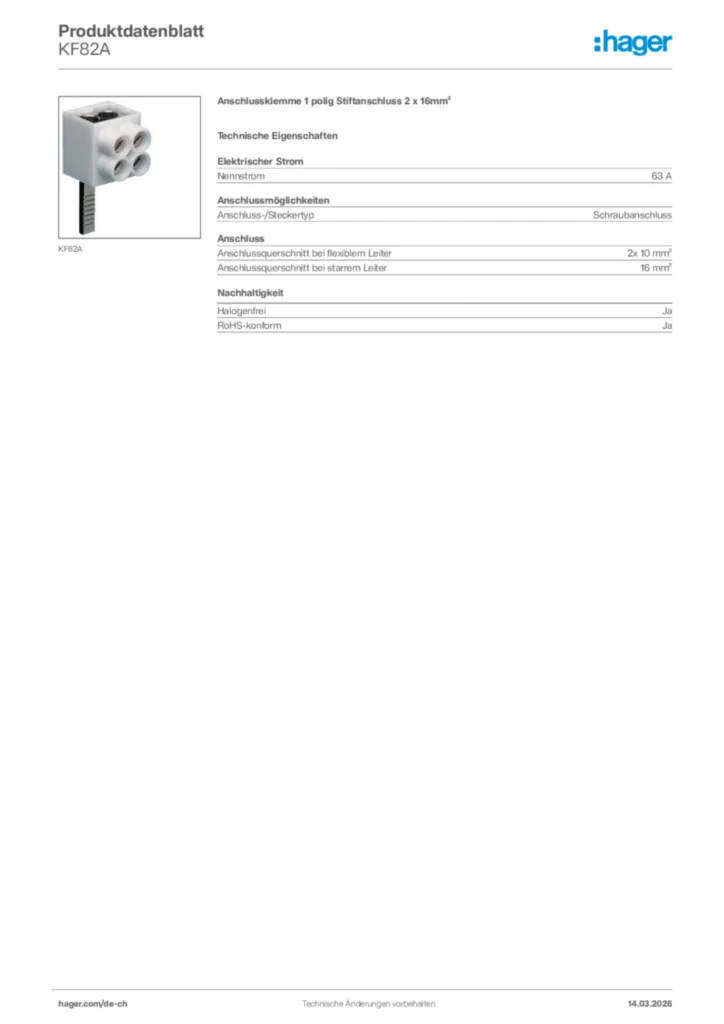 Bild Hager Produktdatenblatt KF82A | Hager Schweiz