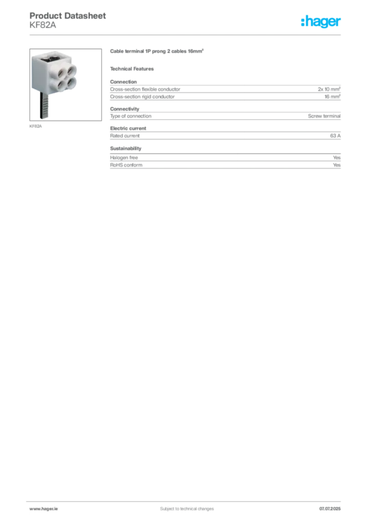 Image Hager Product data sheet KF82A  | Hager