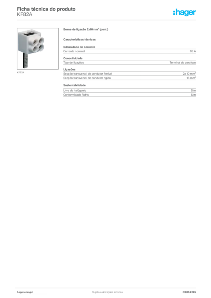 Imagem Hager Ficha técnica do produto KF82A | Hager Portugal