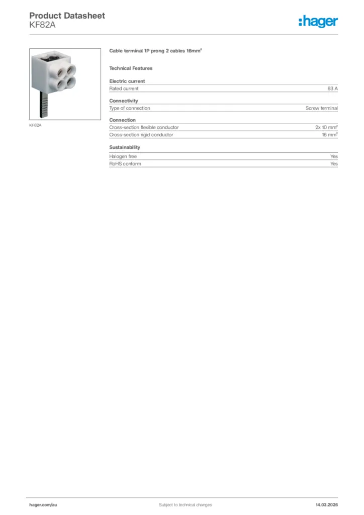 Image Hager Product data sheet KF82A  | Hager Australia
