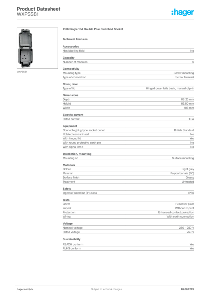 Image Hager Product data sheet WXPSS81  | Hager