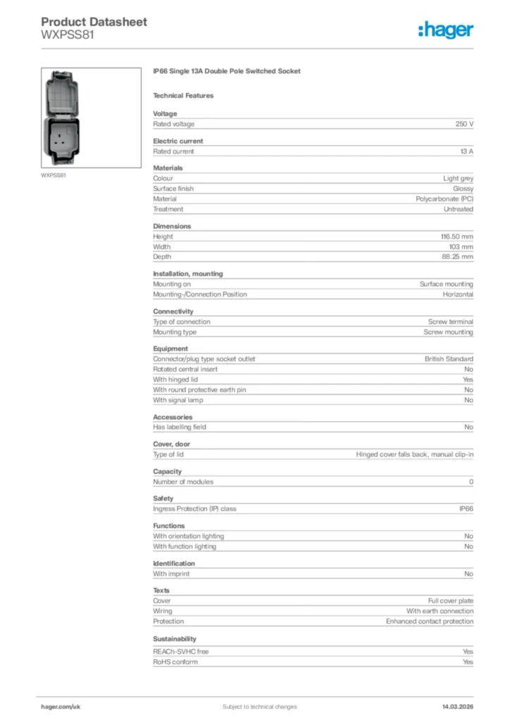 Image Hager Product data sheet WXPSS81  | Hager