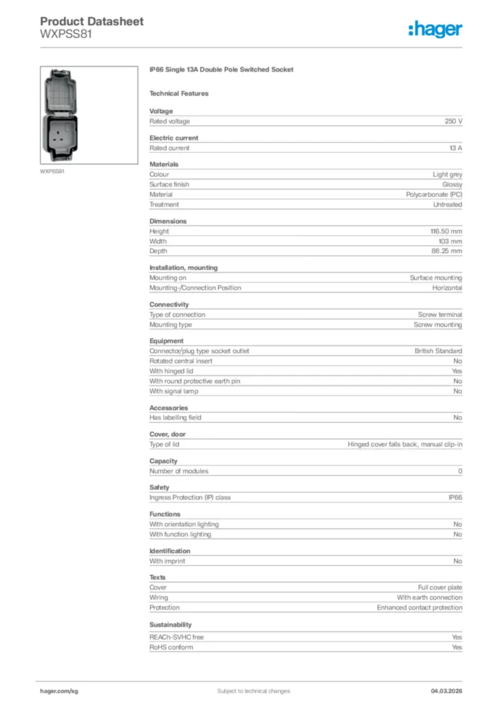 Image Hager Product data sheet WXPSS81  | Hager