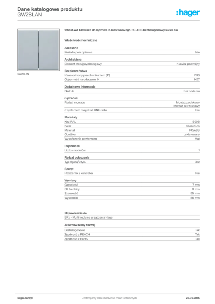 Zdjęcie Hager Karta katalogowa GW2BLAN | Hager Polska