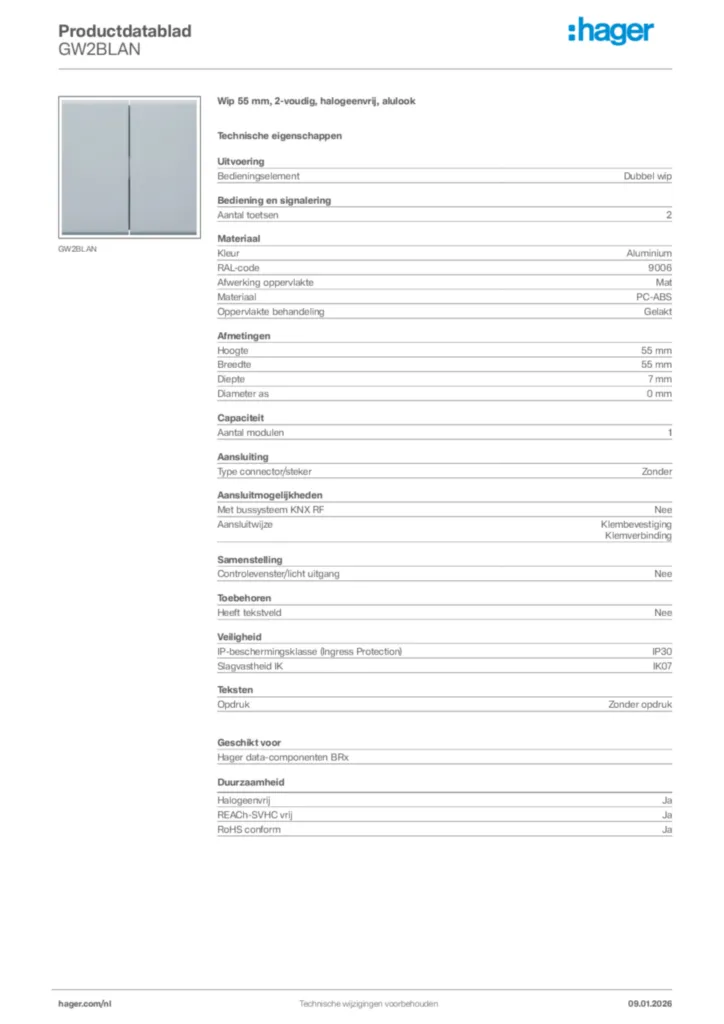 Afbeelding Hager Productdatablad GW2BLAN | Hager Nederland