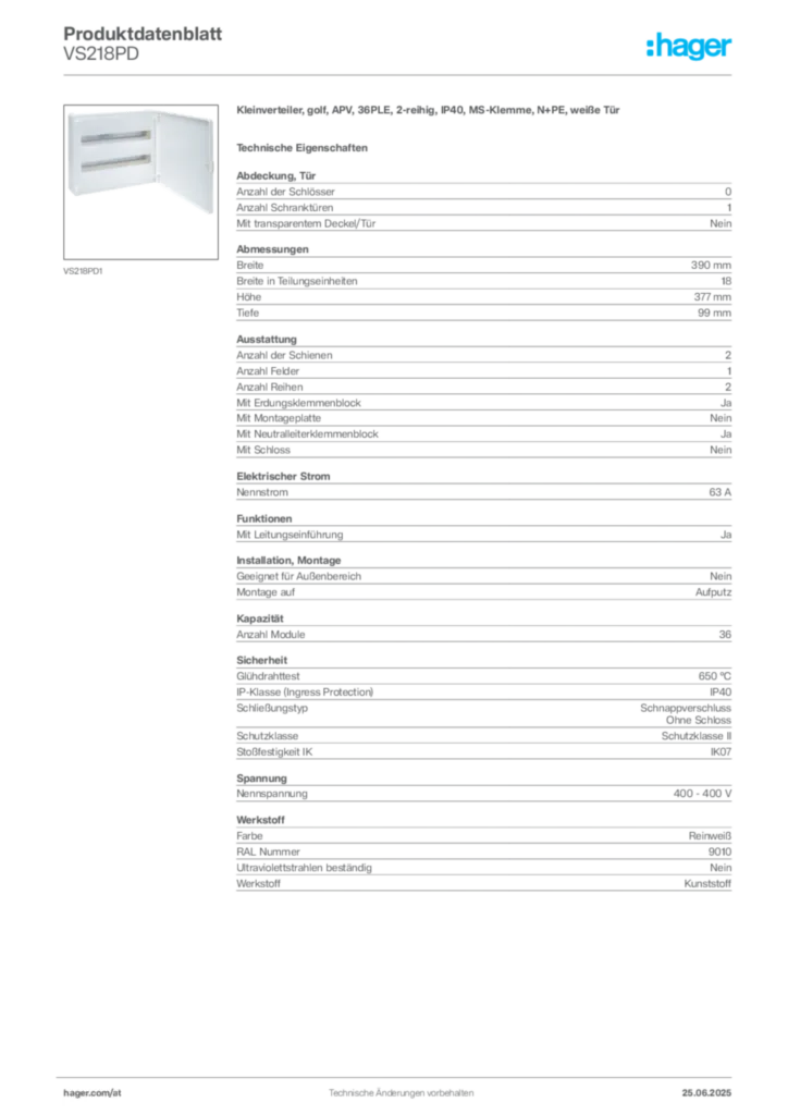 Bild Hager Produktdatenblatt VS218PD | Hager Deutschland