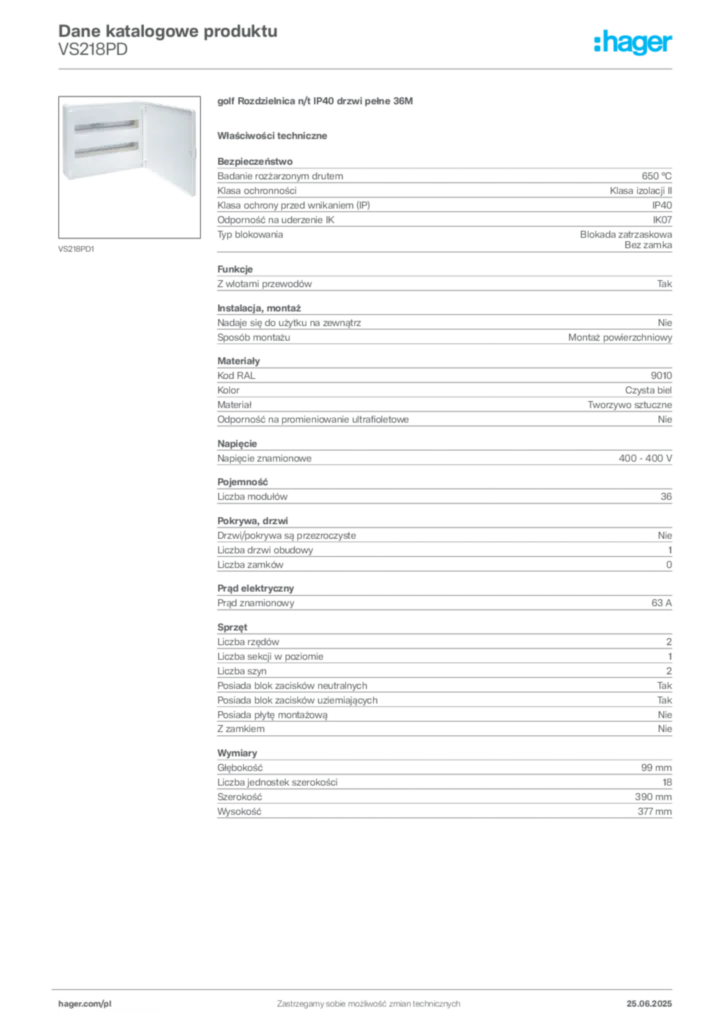 Zdjęcie Hager Karta katalogowa VS218PD | Hager Polska
