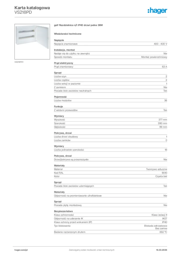 Zdjęcie Hager Karta katalogowa VS218PD | Hager Polska