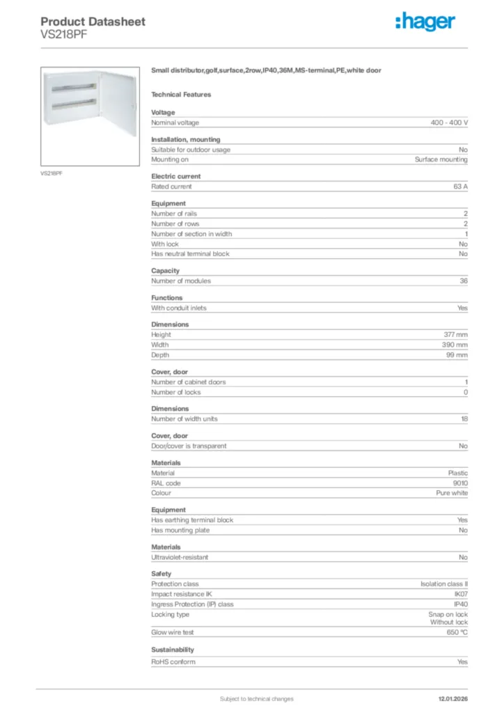Image Hager Product data sheet VS218PF  | Hager