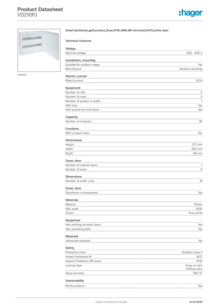 Image Hager Product data sheet VS218PJ  | Hager Africa