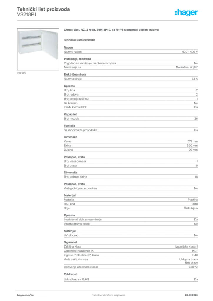 Slika Hager Product data sheet VS218PJ  | Hager