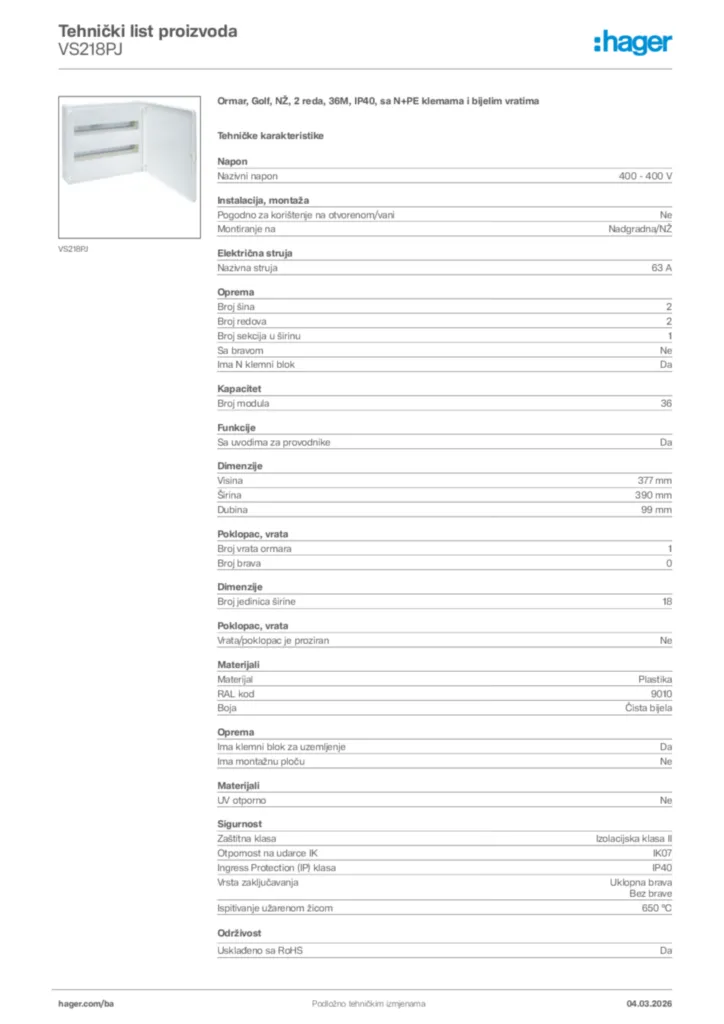Slika Hager Tehnički list proizvoda VS218PJ  | Hager
