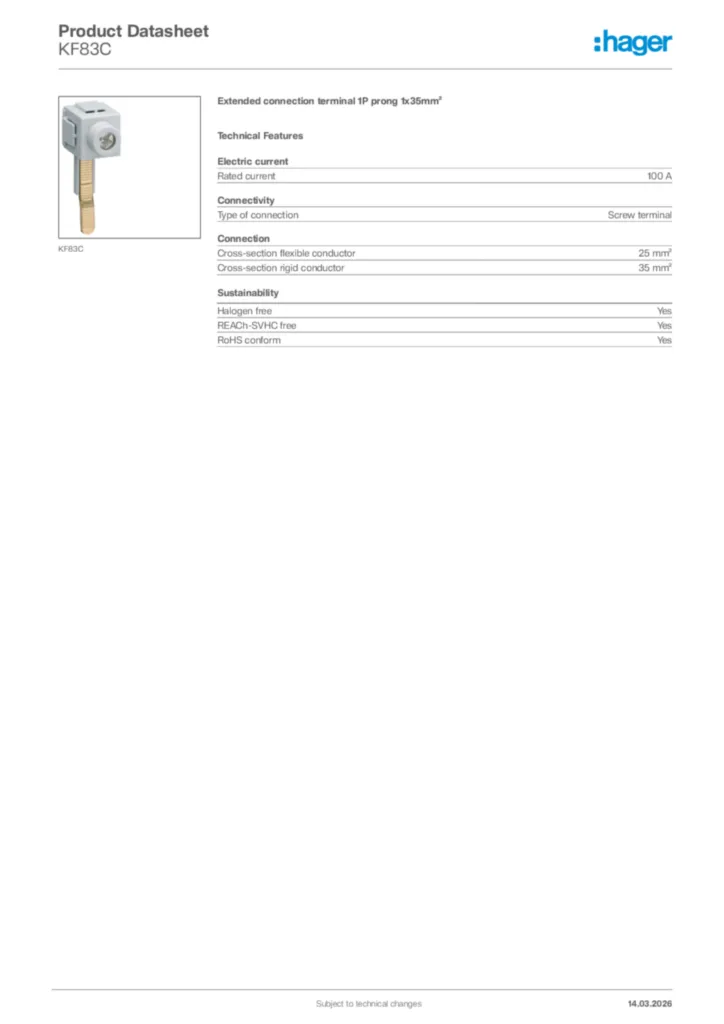 Image Hager Product data sheet KF83C  | Hager Africa